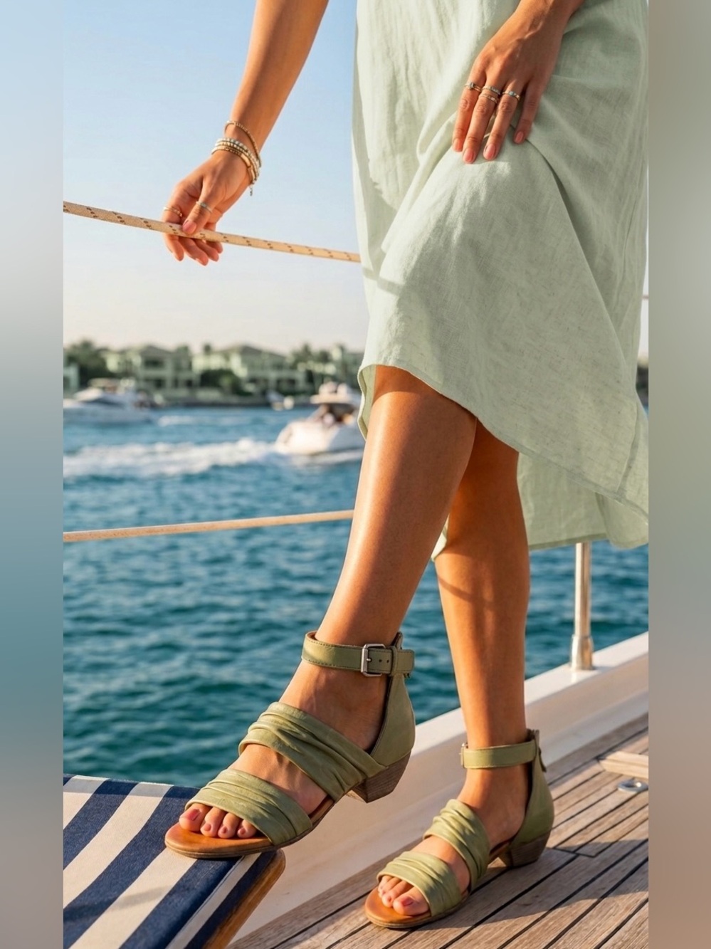 SIZE 7.5-8 Miz Mooz® NEW Cassie Sage Green Leather Strappy Ruched Sandals